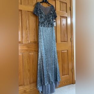 BASIX BLACK LABEL 8 Sequin Silver Short Sleeve Sheer Yoke Column Gown AUTHENTIC